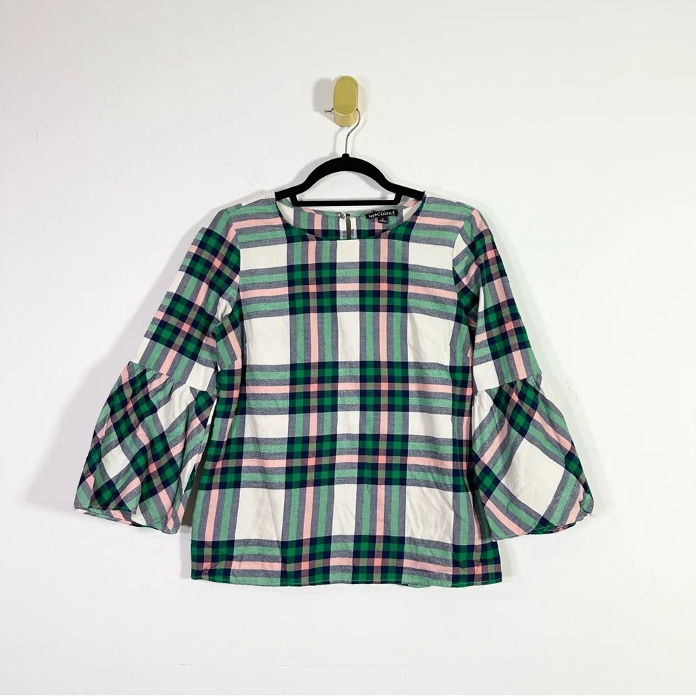 J. Crew Mercantile Green Pink Plaid Crewneck 3/4 Sleeve Cotton Top